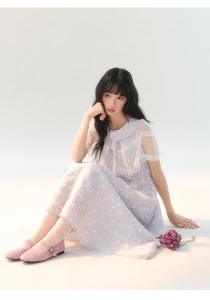 [CAN] "Lavender Bloom Whisper" Purple Floral Cape Tulle Tie-Waist Dress