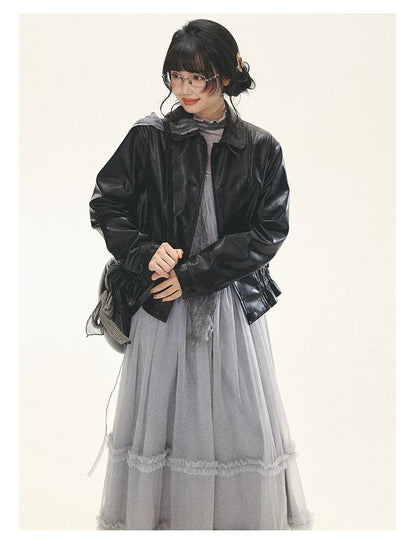 "Venus Gallery" Black Ruffle Collar Cropped Faux Leather Jacket
