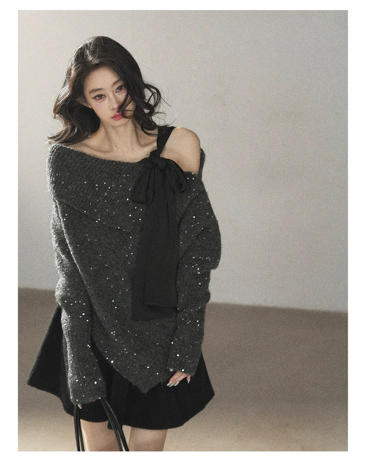 AOMALM - "Starlit Reverie" Sequin Off-Shoulder Sweater with Satin Bow - Paris Gray