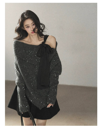 AOMALM - "Starlit Reverie" Sequin Off-Shoulder Sweater with Satin Bow - Paris Gray