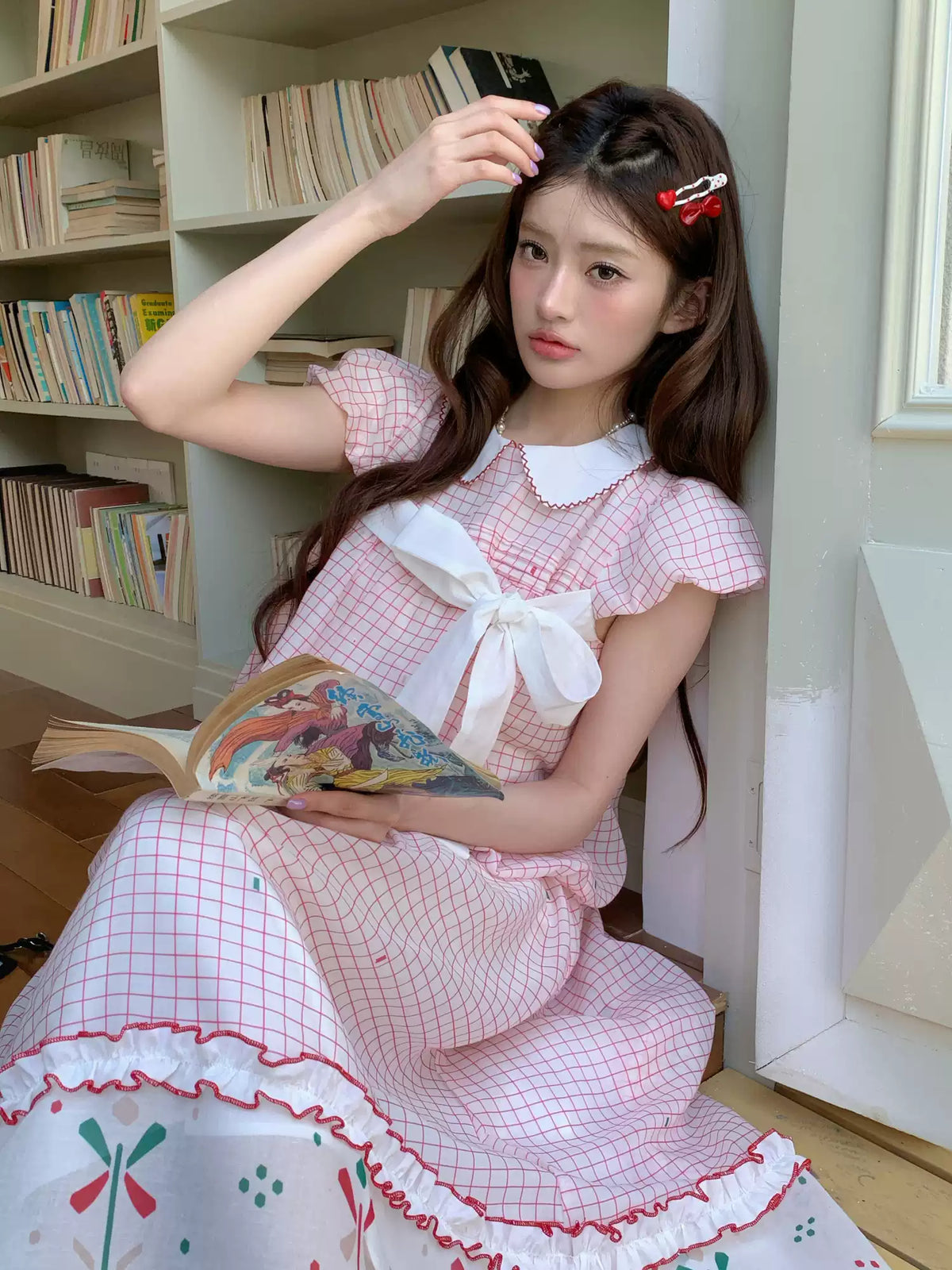 [RF] “Pink Camellia” Cherry Red Plaid Bow Two-Piece Set
