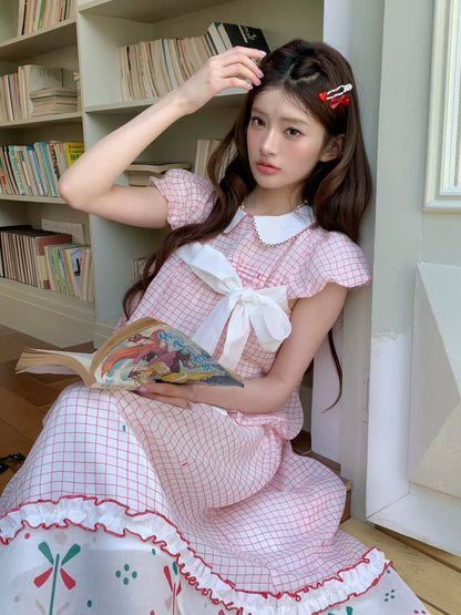 [RF] “Pink Camellia” Cherry Red Plaid Bow Two-Piece Set