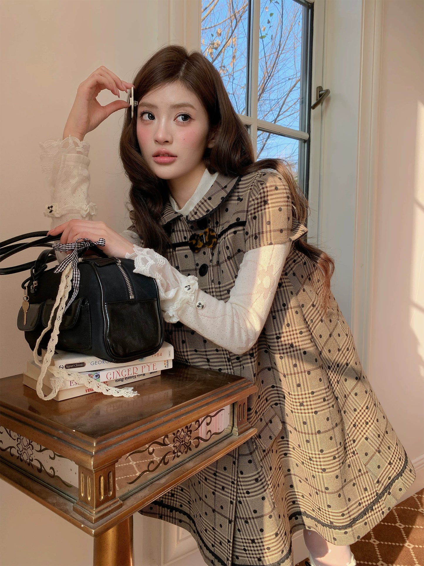 “Hazel Rococo Reverie” Khaki Plaid Polka Dot Dress