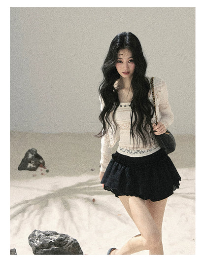 "Summer Shimmer Reverie" Creamy Oat White Lace Cutout Cardigan & Camisole Set 5864536513