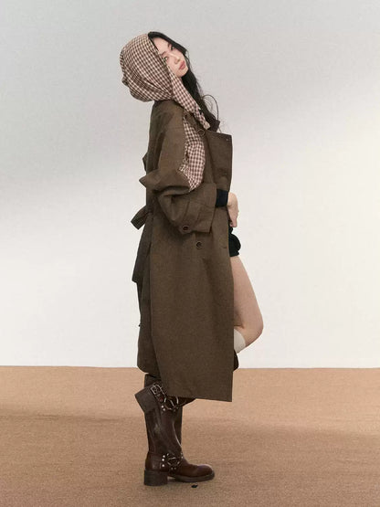 JN's DESIGN - Vintage Plaid Panel Hooded Trench Coat