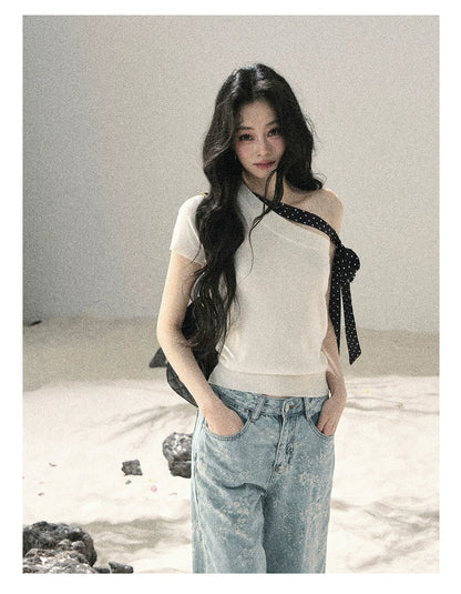 "Morning Dew & Evening Breeze" Cheese White One-Shoulder Polka Dot Crop Top
