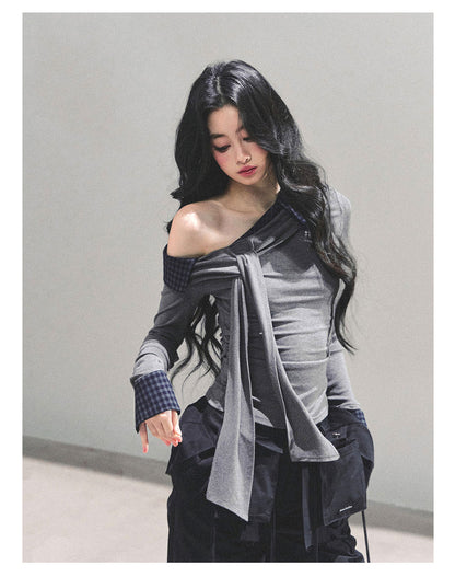 少也眼 “The Quiet Passing” Asymmetric Knit Off-Shoulder Top - Gray 65624
