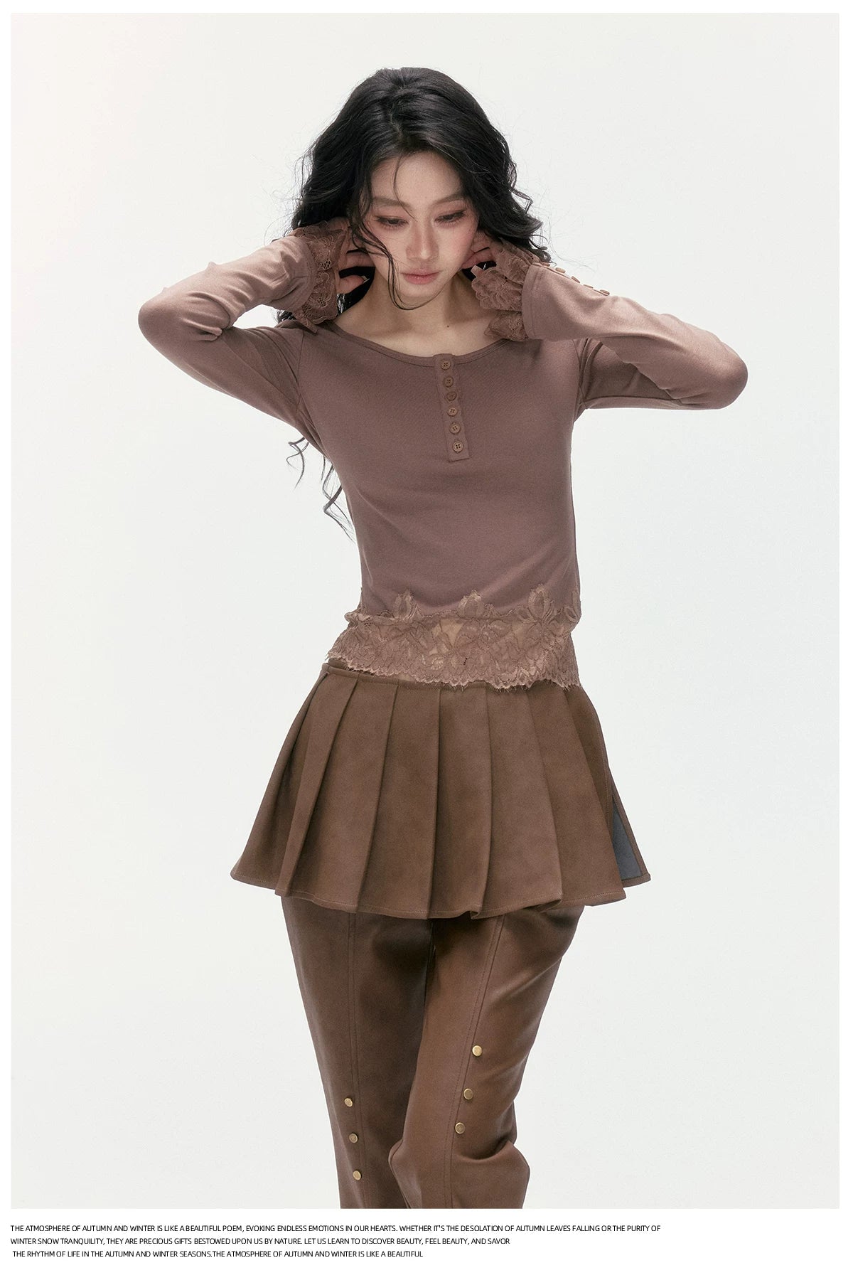 24olvides - Fitted Henley Top with Asymmetric Lace Trim (White / Brown)