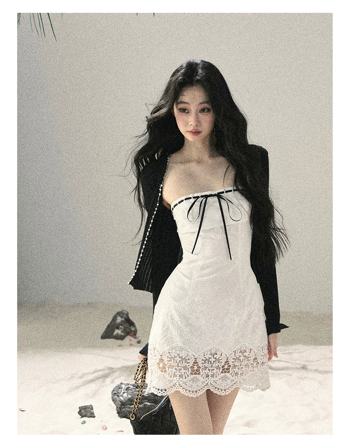 "Moonwoven Reverie" Cloud White Lace Bodycon Mini Dress & Serenity Black Cardigan 5132