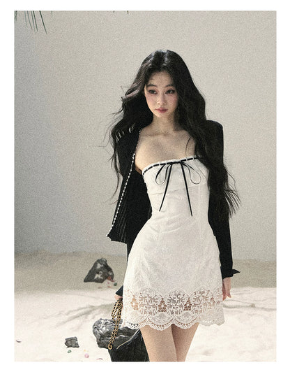 "Moonwoven Reverie" Cloud White Lace Bodycon Mini Dress & Serenity Black Cardigan 5132