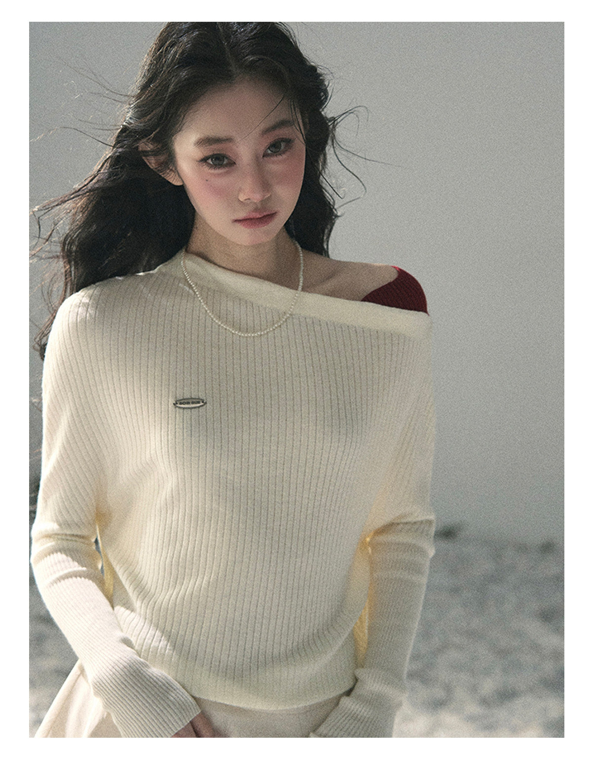 “Ashes of Yesterday” Moonstone White Off-Shoulder Layered Knit Top