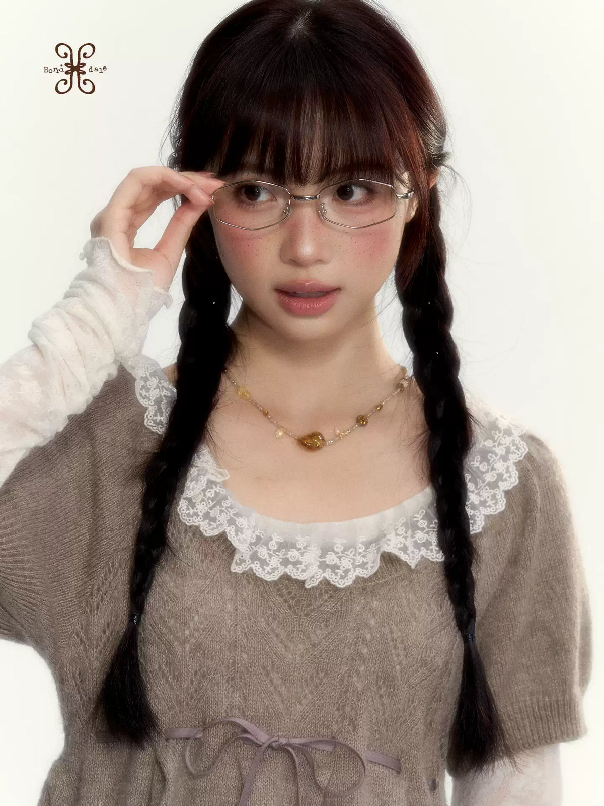 “Cloud Pleats” Chestnut Mist U-Neck Bow-Tie Puff Sleeve Knit Sweater