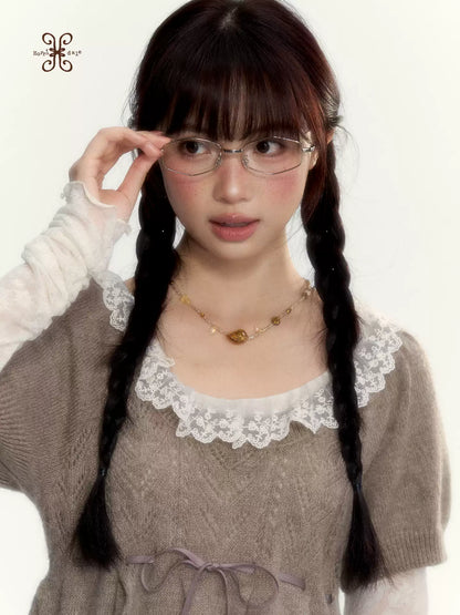 “Cloud Pleats” Chestnut Mist U-Neck Bow-Tie Puff Sleeve Knit Sweater