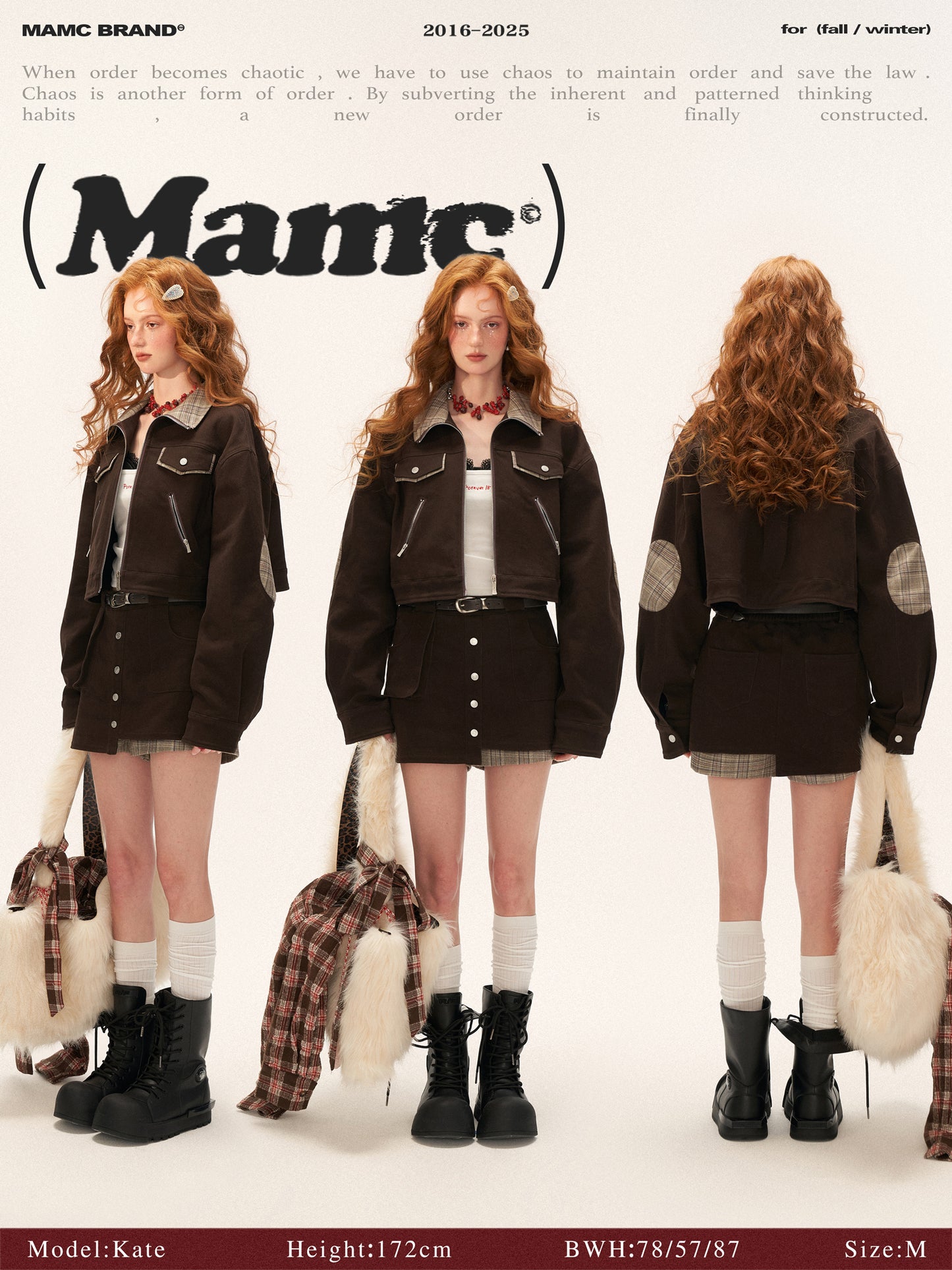 MAMC - Coffee Brown Plaid Patchwork Cropped Jacket & Skirt Set