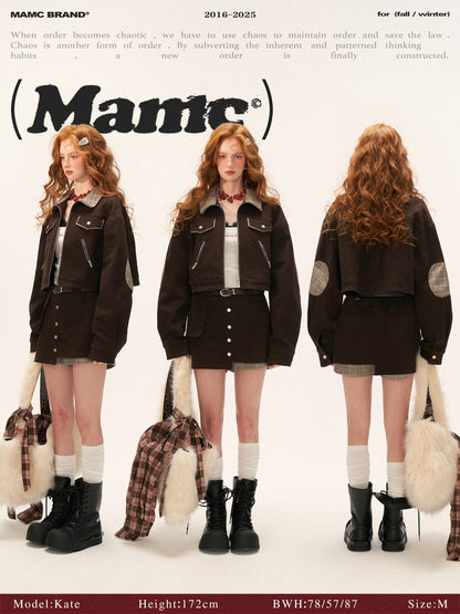 MAMC - Coffee Brown Plaid Patchwork Cropped Jacket & Skirt Set