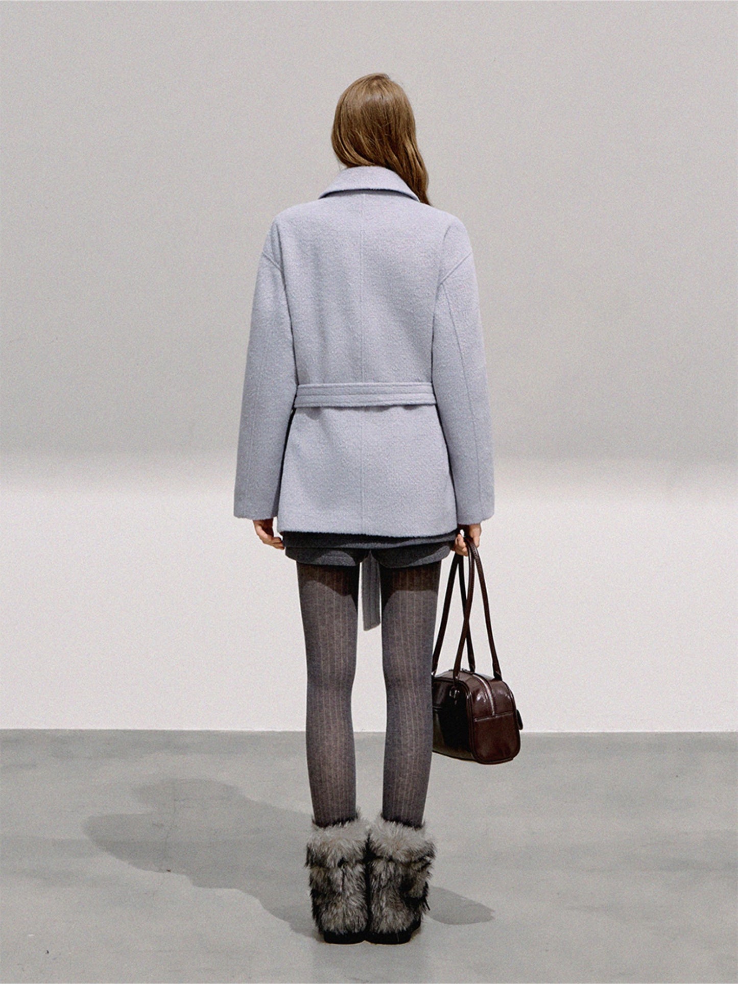 BOHOL BLING - Minimalist Double-Breasted Wool Short Coat with Belt