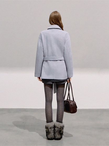 BOHOL BLING - Minimalist Double-Breasted Wool Short Coat with Belt