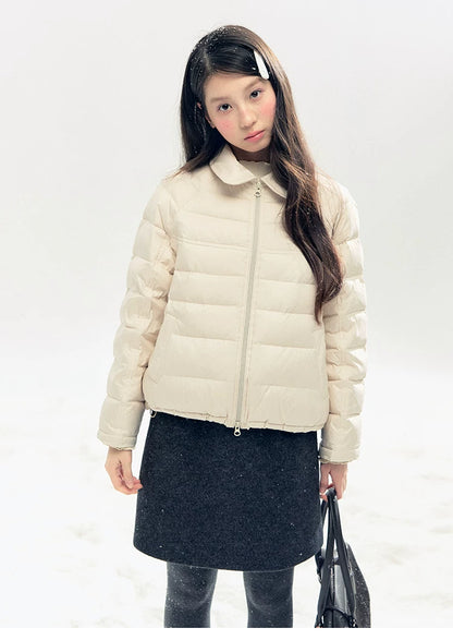 "Lily of the Valley Keepsake" Cropped Down Puffer Jacket (Pearl Beige/ Cloud Blue)