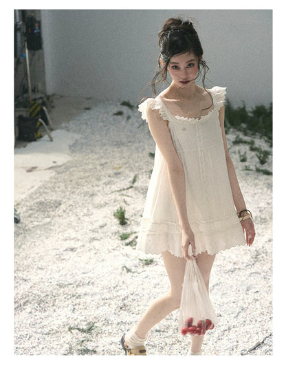 "Shimmer Along the Hem" Cloud White Lace Flutter Sleeve Babydoll Mini Dress 53413
