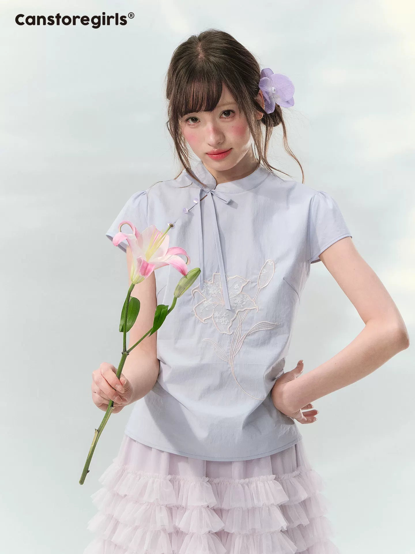 “Lilac Embroidered Whisper” Orchid Purple Mandarin Collar Blouse
