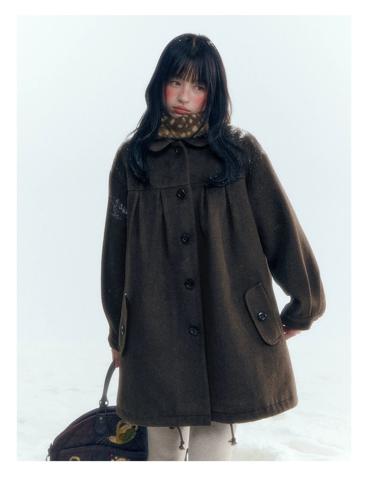 Horridale - Peter Pan Collar Pleated Mid-Length Wool-Blend Coat – Brown Coffee