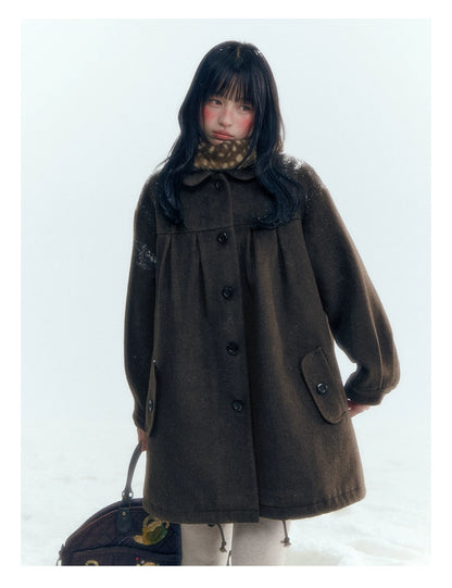 Horridale - Peter Pan Collar Pleated Mid-Length Wool-Blend Coat – Brown Coffee