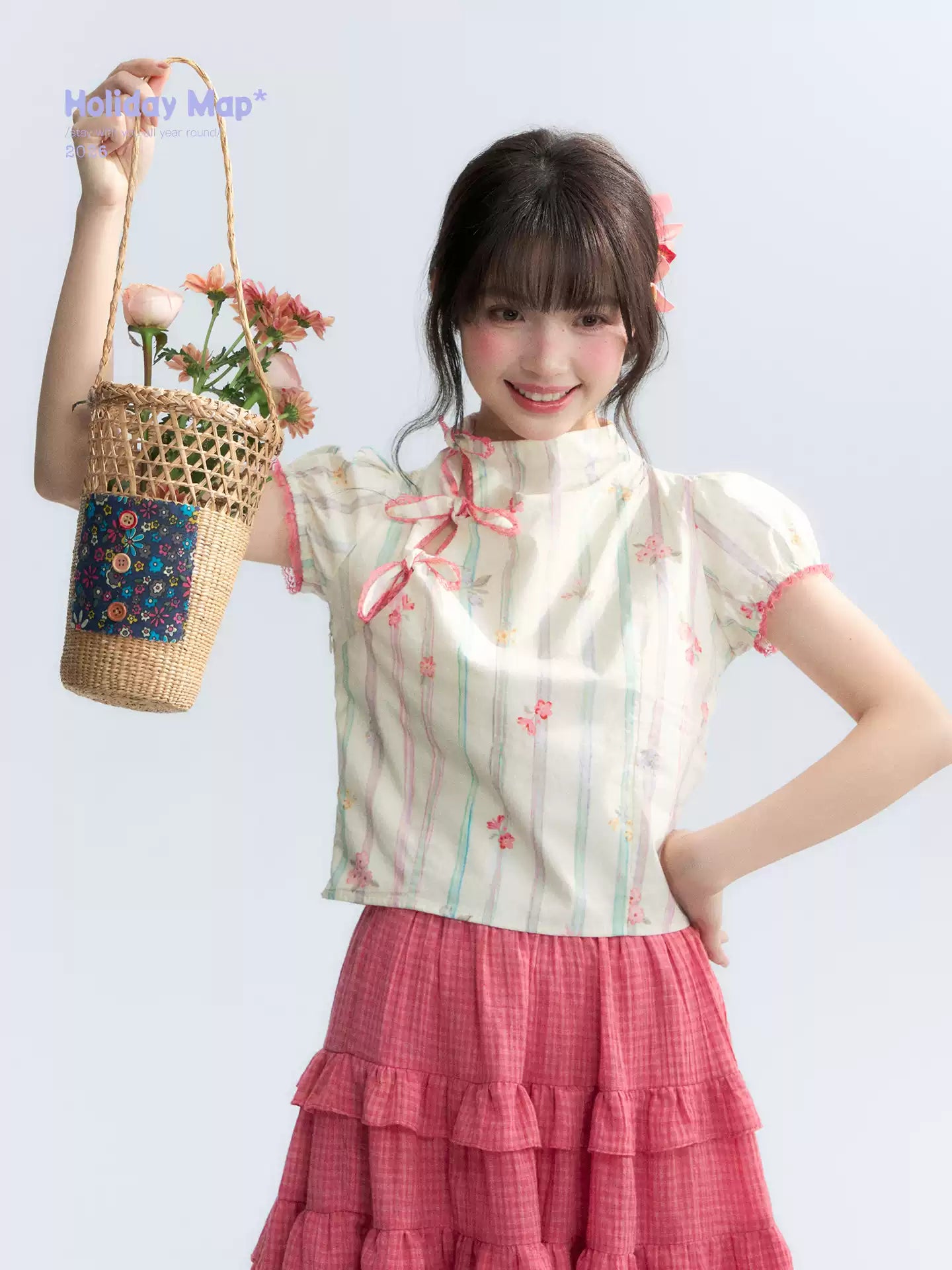 "Peach Blossom" Beige Floral Print Mandarin Collar Blouse