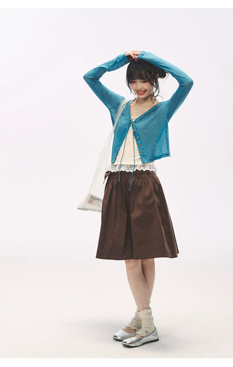 "Comfort Corner" Tie-Front Knit Cardigan (Melon Green/ Peacock Blue)