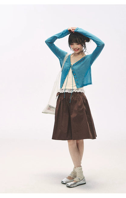 "Comfort Corner" Tie-Front Knit Cardigan (Melon Green/ Peacock Blue)