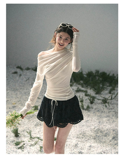 “Where Shadow Walks Beside Light” Milk Apricot Asymmetrical Top