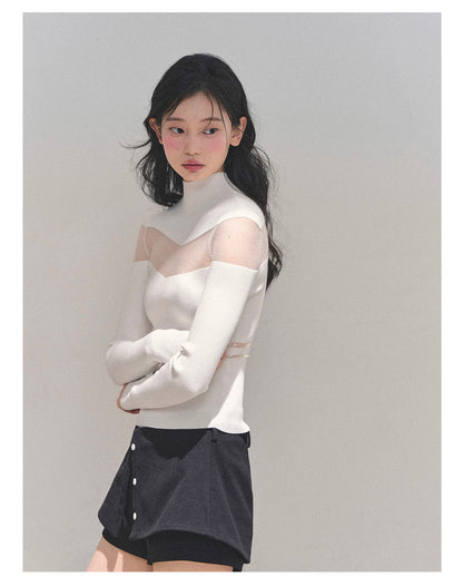少也眼 “Whisper of Nightfall” Sheer-Panel Mock-Neck Knit Tee - White 11.18-4