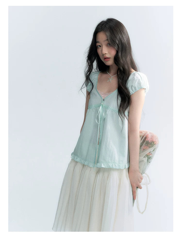 "Mint Morning Glow" Mint Green Lace Tie-Front Cardigan Blouse
