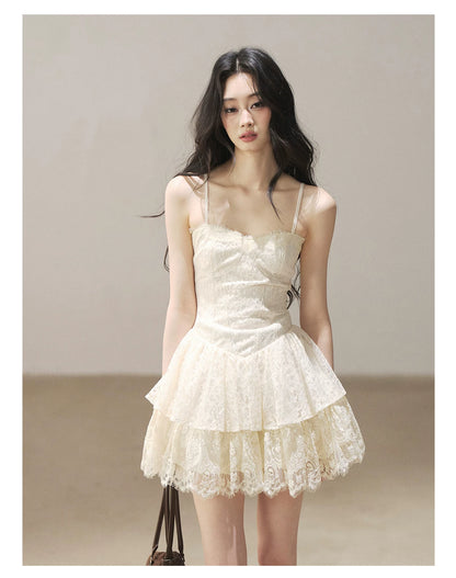 AOMALM - French Lace Double-Ruffle Camisole Dress
