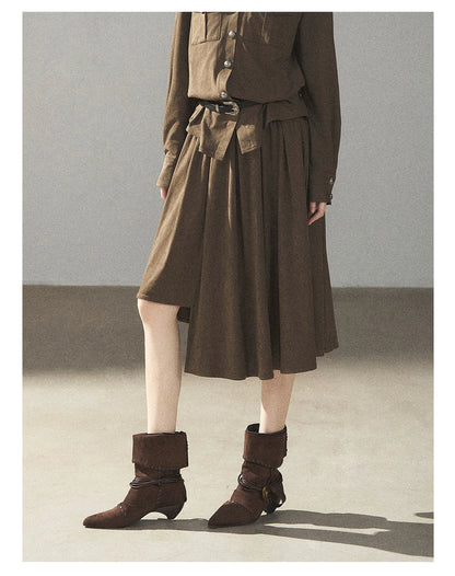 AOMALM - Terracotta Brown Shirt & Pleated Mini Skirt Set (With Belt)
