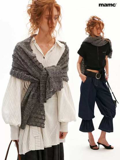 MAMC - Textured Wave Knit Scarf Shawl (Khaki / Gray)