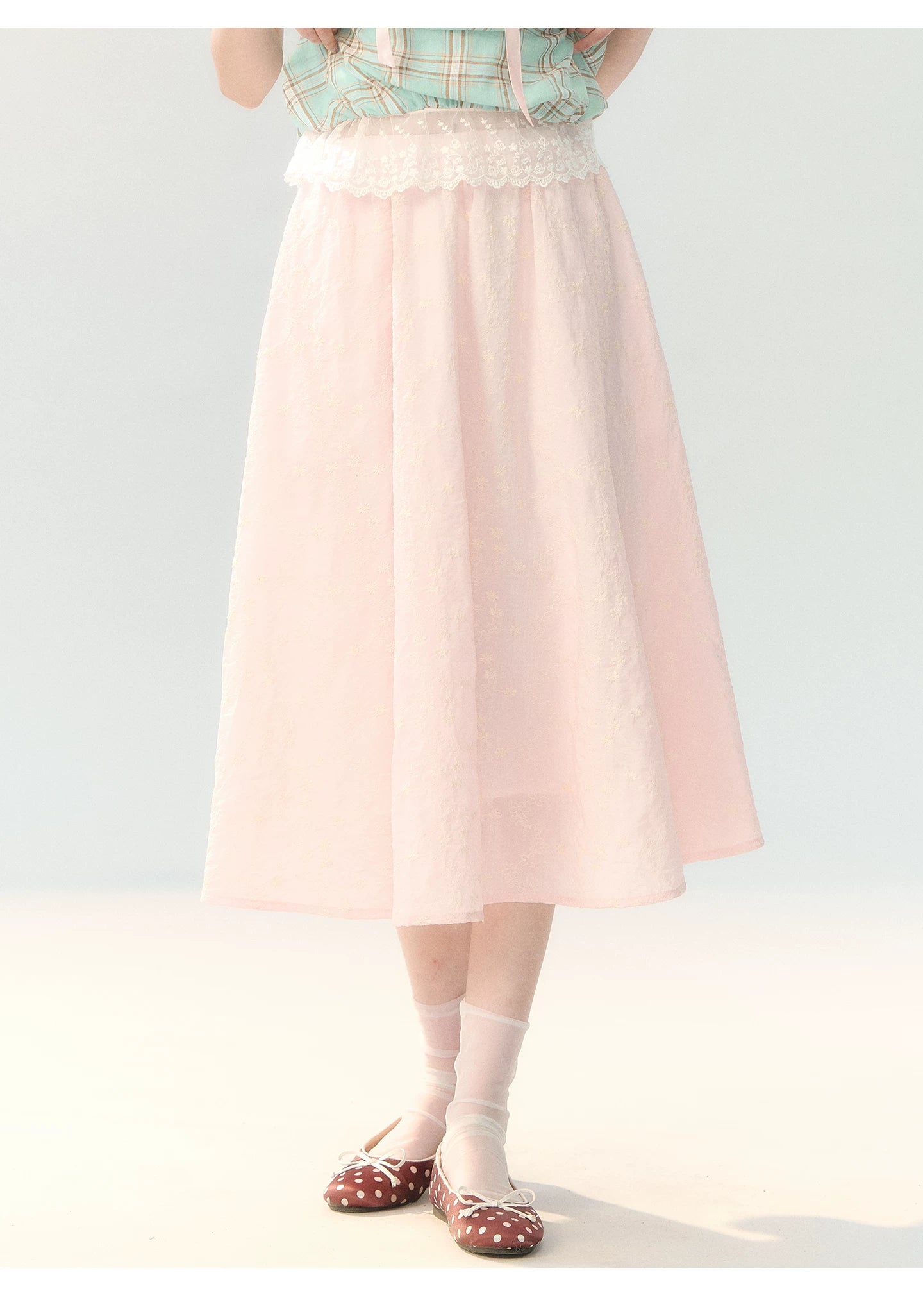 "Mint Peach Whisper" Mint Green Plaid Embroidered Skirt Set LL2026196