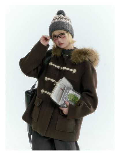 Horridale - Dark Coffee Brown Cropped Hooded Toggle Coat with Detachable Faux Fur Collar