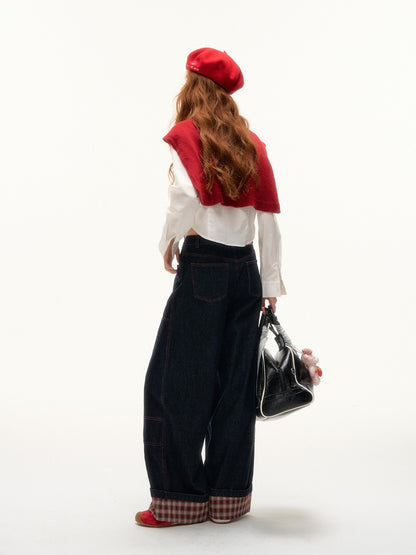 ASGONY - Plaid Cuff Contrast Wide-Leg Raw Denim Jeans (Red Plaid)