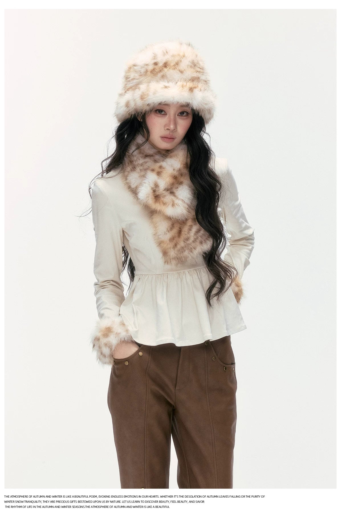24olvides - [FREE GIFT] Winter Accessories Set: Faux Fur Scarf, Bucket Hat & Satin Bow Brooch