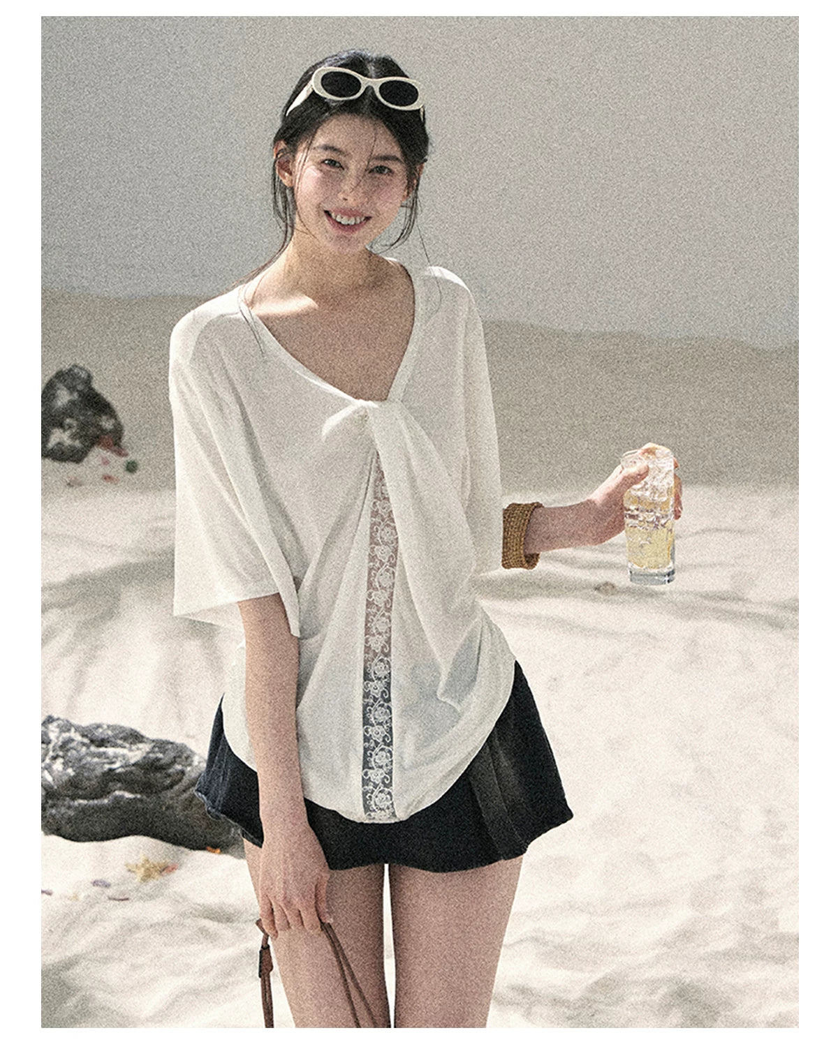 "Undisturbed Mist" Cloud White Lace Cutout V-Neck T-Shirt 45638453