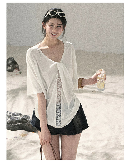 "Undisturbed Mist" Cloud White Lace Cutout V-Neck T-Shirt 45638453