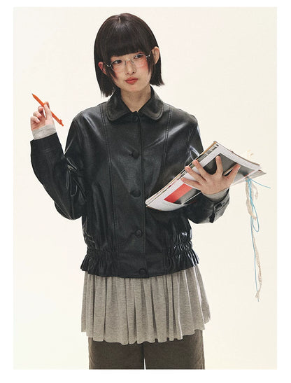 "Venus Gallery" Black Ruffle Collar Cropped Faux Leather Jacket
