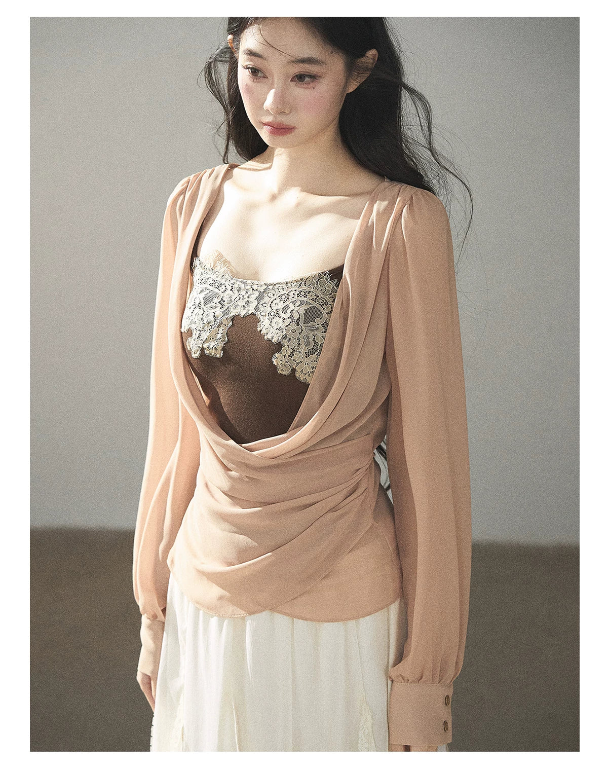 AOMALM - Cinnamon Blush Ruched Wrap Chiffon Top with Lace Cami Set