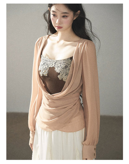 AOMALM - Cinnamon Blush Ruched Wrap Chiffon Top with Lace Cami Set