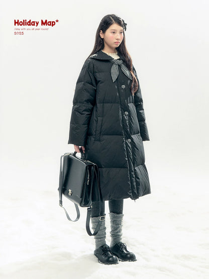 "Starry Night Little Witch" Black Long Down Coat with Detachable Bunny Bow Collar