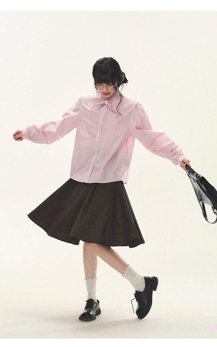 "Blush Poetry" Pink Stripe Cotton Bow Blouse