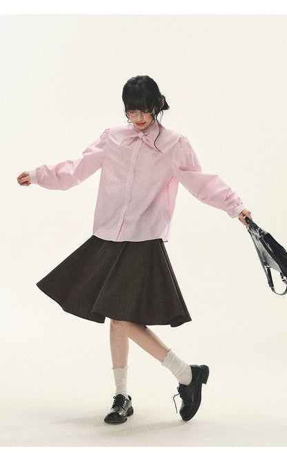 "Blush Poetry" Pink Stripe Cotton Bow Blouse