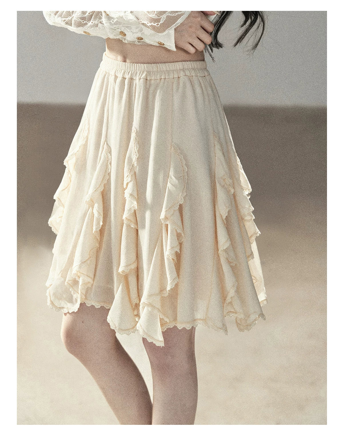 AOMALM - Cloud-Shaped French Lace Ruffle Midi Skirt – Elegant Autumn Maxi