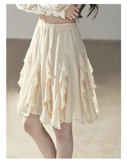 AOMALM - Cloud-Shaped French Lace Ruffle Midi Skirt – Elegant Autumn Maxi