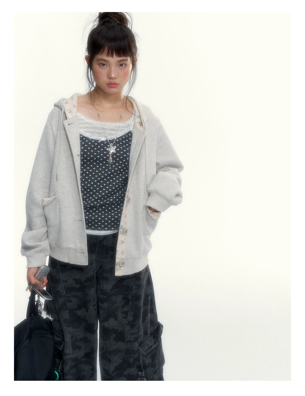 “Blooming Reverie” Light Heather Gray Floral Hooded Cardigan Sweatshirt